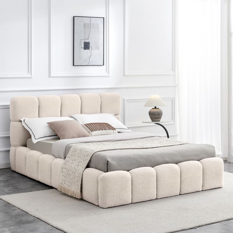 Posteľ 140 s roštom a úložným priestorom, béžová látka Bouclé