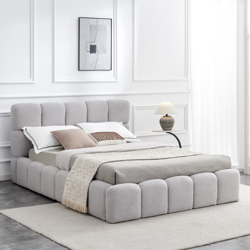 Posteľ 140 s roštom a úložným priestorom, sivá látka Bouclé