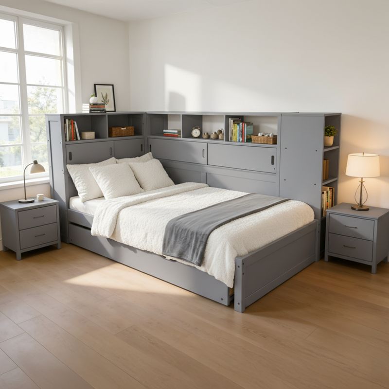 Posteľ 90x200 s prístelkou, regálom a úložným priestorom, sivá