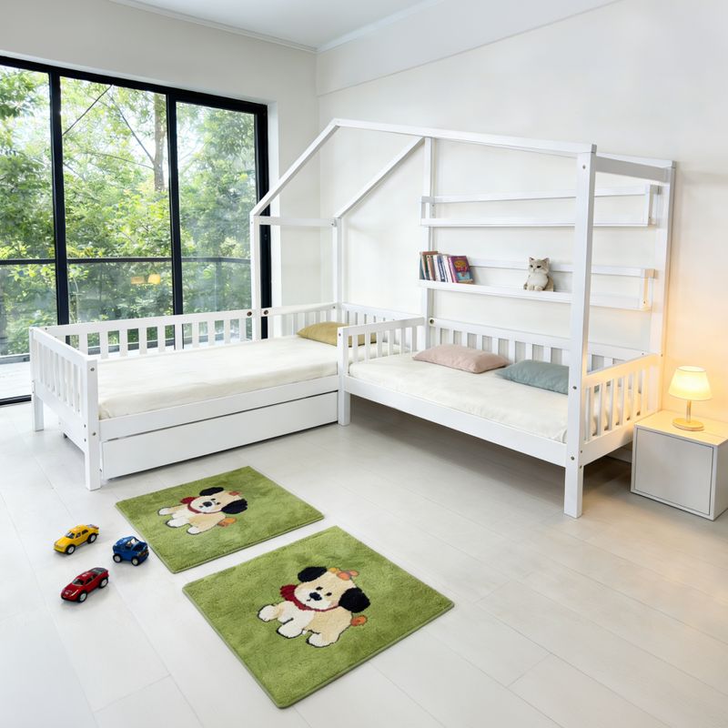 Montessori posteľ pre 2 deti 90x200 + 70x140 s roštom, biela