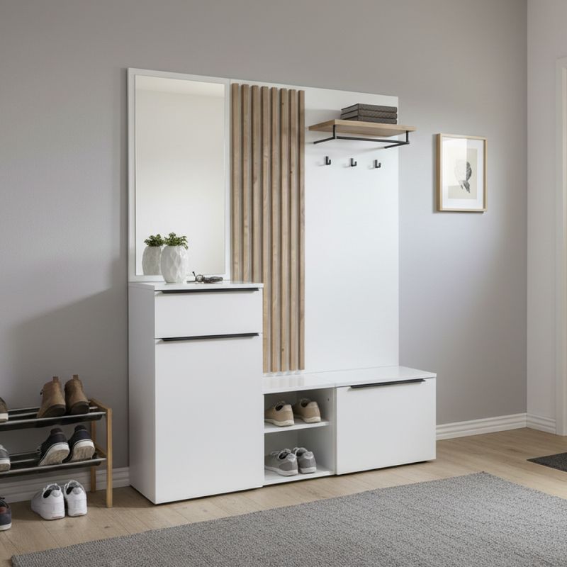 Predsieňová zostava, biely lesk HG, dub artisan