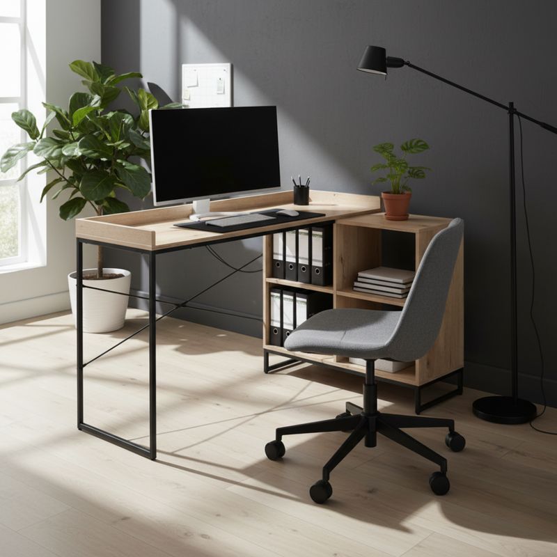 Štýlový rohový pracovný stôl, dub, čierny