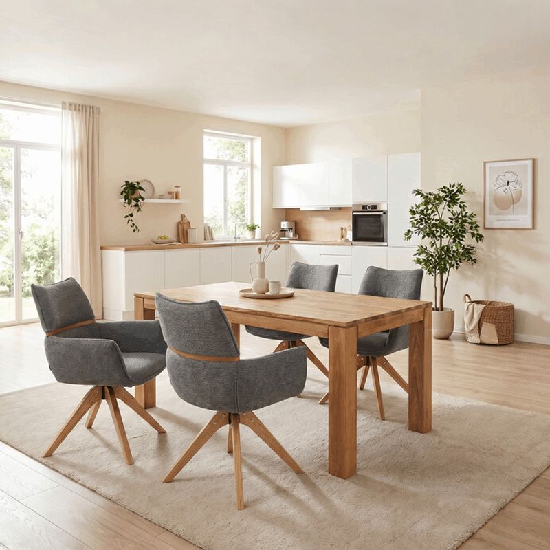 Elegantná jedálenská stolička sivá látka, 360° vratný mechanizmus, masív jaseň