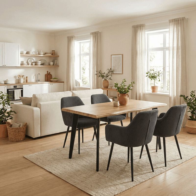 Jedálenská stolička sivá s menčestrovou látkou a čiernymi kovovými nohami