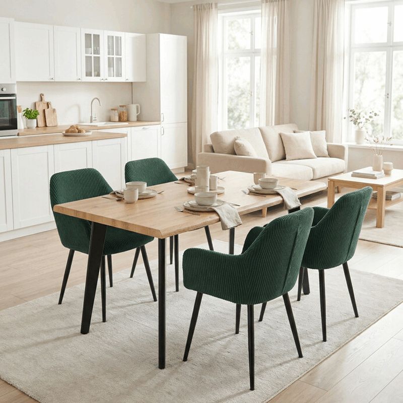 Jedálenská stolička zelená s menčestrovou látkou a čiernymi kovovými nohami