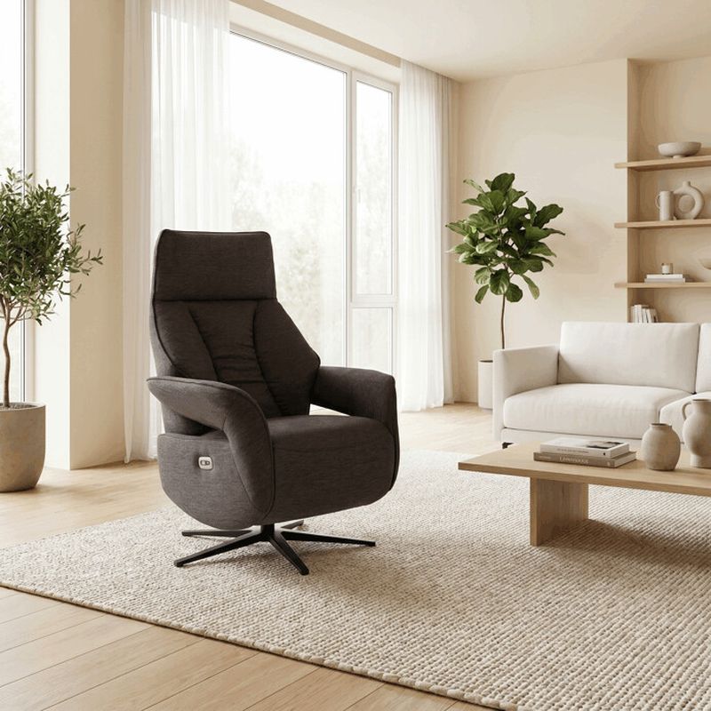 Luxusné elektrické relaxačné kreslo, hnedá látka, s otočnou funkciou