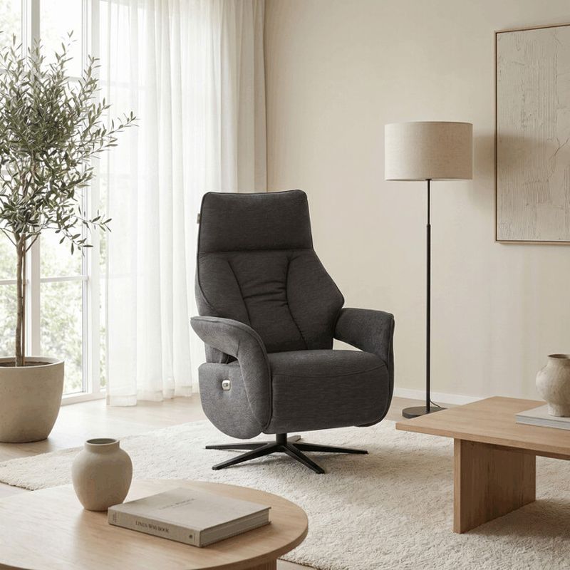 Luxusné elektrické relaxačné kreslo, sivá látka, s otočnou funkciou