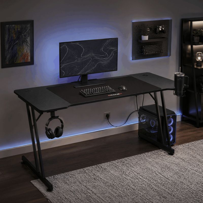 Moderný herný stôl 160x60, čierny carbon s kovovou podnožou