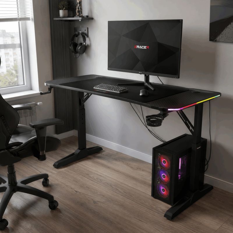 Herný stôl 120x60, RGB LED, nastaviteľná výška, čierny, s kovovou podnožou