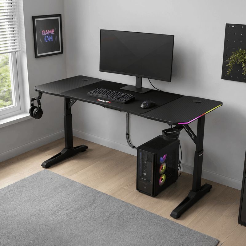 Herný stôl 140x60, RGB LED, nastaviteľná výška, čierny, s kovovou podnožou
