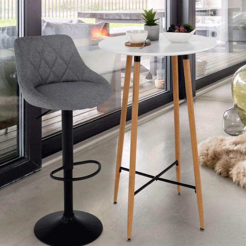 Barový stôl vo farbe biela a dub na štyroch kovových nohách