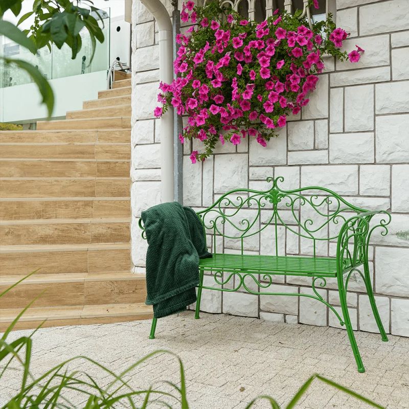 Záhradná kovová lavička zelená
