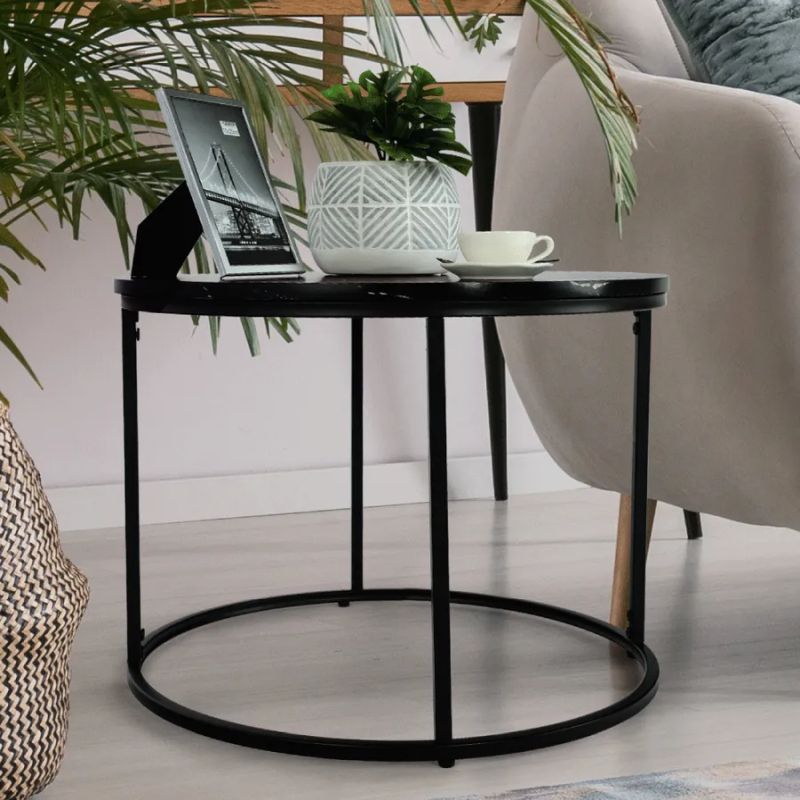 Konferenčný stolík okrúhly, čierny mramor-čierny kov