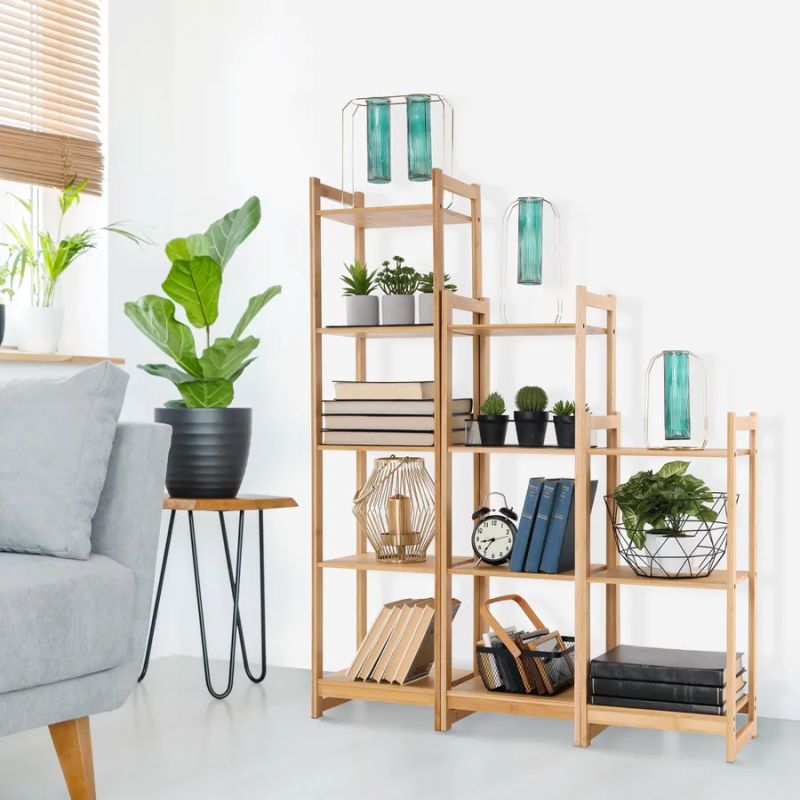 Viacúčelový 5-poličkový regál, prírodný bambus