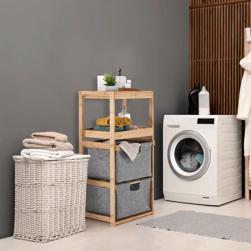 Úložný regál, lakovaný bambus-látka sivá