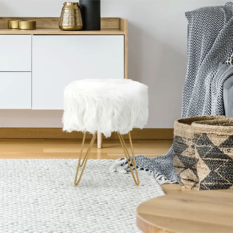 Huňatý taburet, biela-zlatý náter