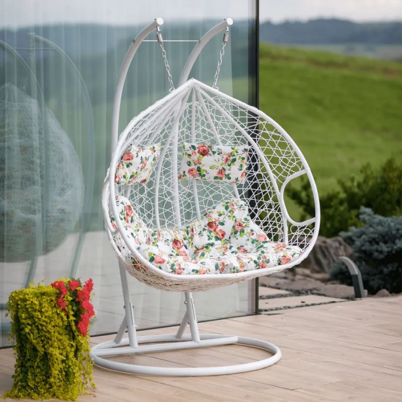 Závesné dvojkreslo-2 s moderným dizajnom biela-vzor kvety