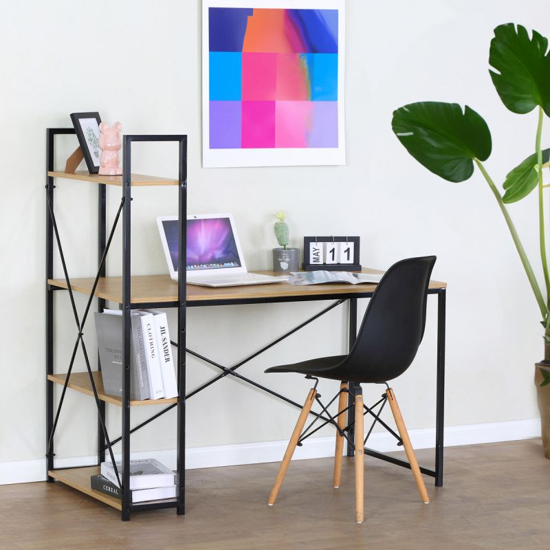 Pracovný stôl s regálom z MDF dekor dub, čierny kov