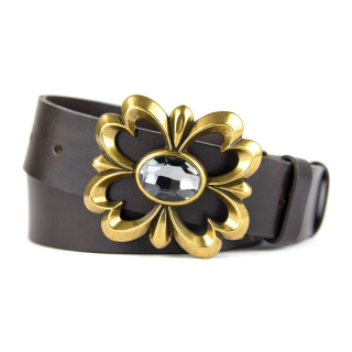 Kožený opasok FLOWER, šírka 4cm - Tmavo hnedá