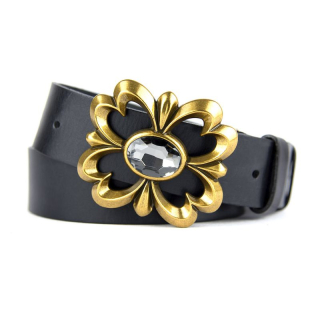 Kožený opasok FLOWER, šírka 4cm - Čierna