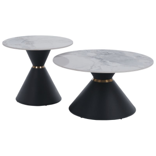 Konferenčné stolíky, set 2 okrúhlych, biely mramor-čierna-zlatá