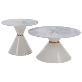 Konferenčné stolíky, set 2 okrúhlych, biely mramor-biela-zlatá