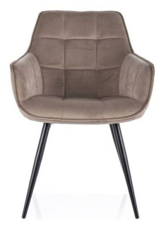 Originálna jedálenská stolička-kreslo, zamat. látka, čierny mat-tmavo béžová bluvel 40