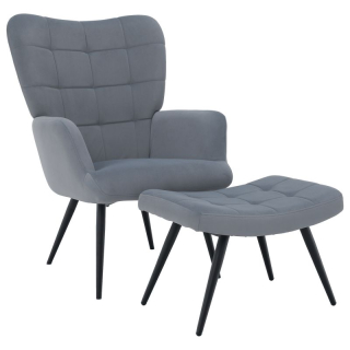 Luxusné kreslo s podnožou, sivá Velvet látka a čierne nohy