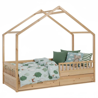 Pohodlná montessori posteľ v tvare domčeka, 90x200, prírodná, masív