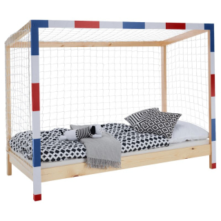 Montessori posteľ v tvare futbalovej brány 90x200, prírodná-biela-modrá-červená