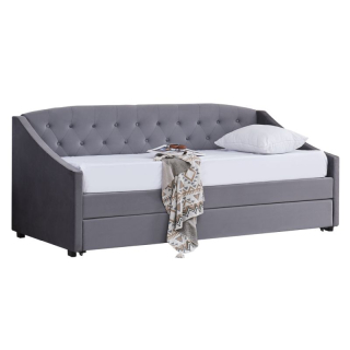 Rozkladacia posteľ s prístelkou, čalúnená látkou v sivom prevedení