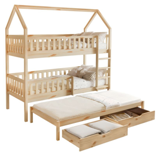 Poschodová posteľ v tvare domčeka s prístelkou, prírodná