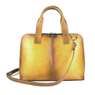 Dámska kožená kabela vhodná na formát A4, ručne tieňovaná, tmavo žltá farba