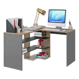 Rohový PC stôl s otvoreným úložným priestorom, dub artisan-grafit