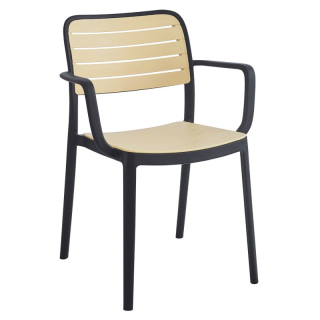 Stohovateľná plastová stolička s podrúčkami, čierna-béžová