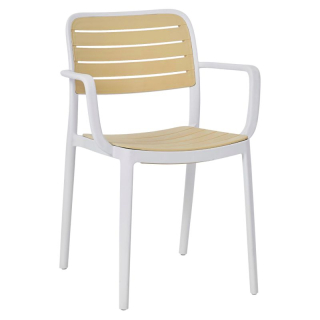 Stohovateľná plastová stolička s podrúčkami, biela-béžová