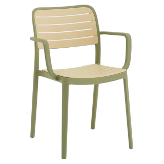 Stohovateľná plastová stolička s podrúčkami, zelená-béžová