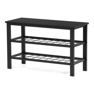 Štýlový botník s lavicou, 2 police, poťah čierna ekokoža, kov - čierny matný lak