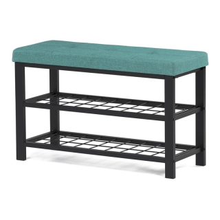 Štýlový botník s lavicou, 2 police, poťah zelená látka, kov - čierny matný lak
