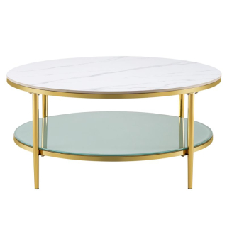 Konferenčný stolík, svetlý mramor-mliečna/gold chróm-zlatý