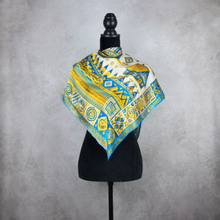 Módna hodvábna šatka ČIČMANY - MODRO-ZLATÉ, 90 x 90cm