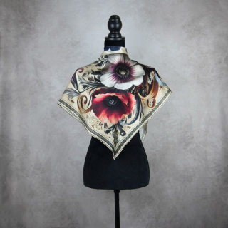 Módna hodvábna šatka LÚČNE KVETY - BÉŽOVÉ, 90 x 90cm