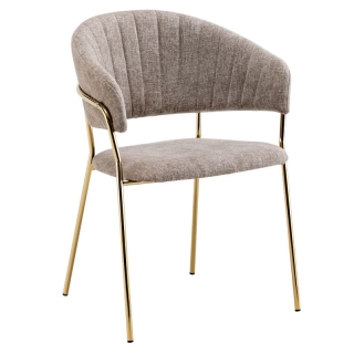 Dizajnové jedálenské kreslo, hnedá látka-gold chróm zlatý