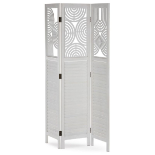 Biely trojpanelový paraván z masívneho smrekového dreva s dekoratívnymi výrezmi