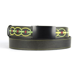 Limitovaný kožený opasok s výšivkou a brzdovou prackou, 151 cm, typ14