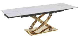 Nadčasový jedálenský stôl rozkladací, zlatá-biela keramika efekt mramoru