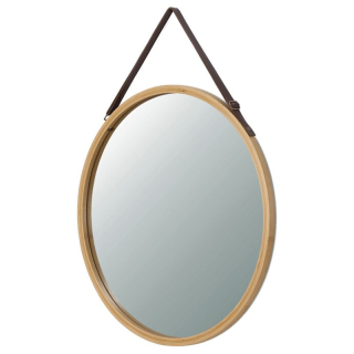 Okrúhle bambusové nástenné zrkadlo 45 cm s koženým závesom