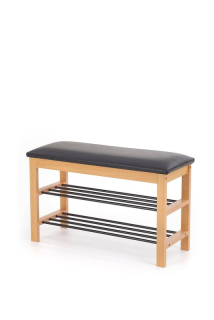 Botník s lavicou natural-čierny – masívne drevo, oceľové police