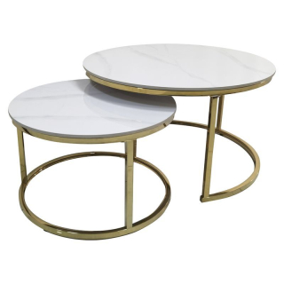 Originálne konferenčné stolíky, set 2 ks, svetlý mramor-gold chróm zlatý