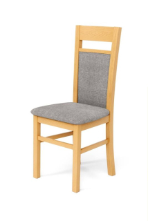 Štýlová drevená jedálenská stolička, sivá látka, drevo dub medový